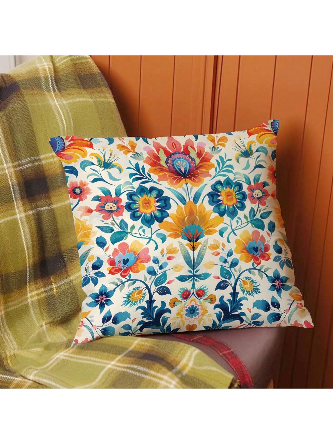 وسادة مغطاة واحدة بطبعة Morris مطبوعة باللون البرتقالي والأزرق، مصنوعة من مادة نسيج الخوخ، بقياس 45*45 سم/18*18 إنش