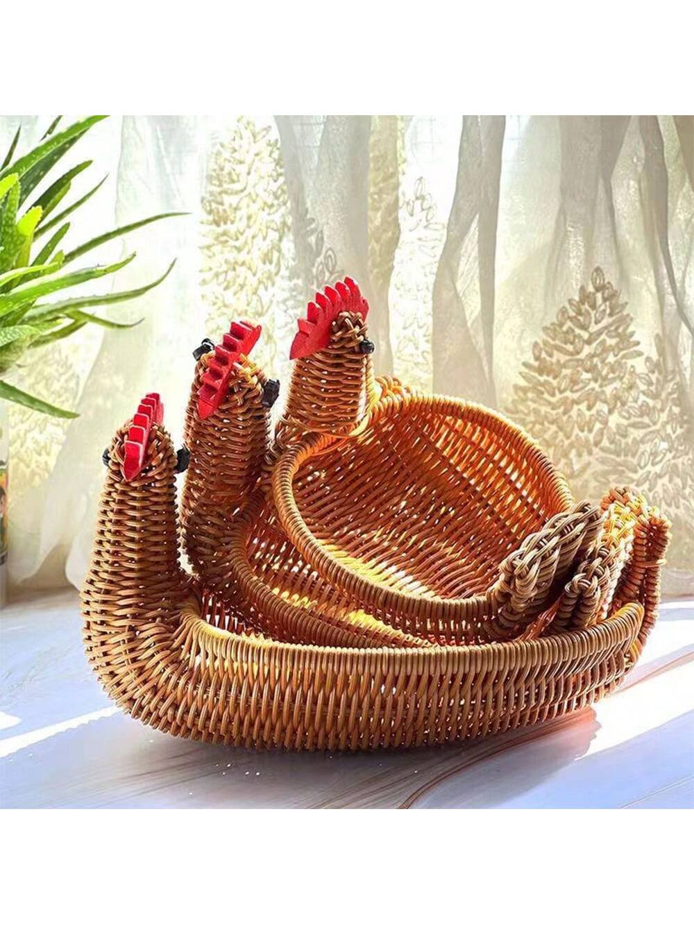 سلة محبوكة يدوياً بتصميم الغزال، سلة تخزين فاكهة وخضروات من الروطان المقلد، سلة خبز لغرفة المعيشة المنزلية، صينية تخزين الوجبات الخفيفة والمكسرات، سلة حماية الطعام، منظم تخزين متعدد الوظائف للمطعم أو المنزل أو الأنشطة الخارجية (3 مقاسات متاحة)