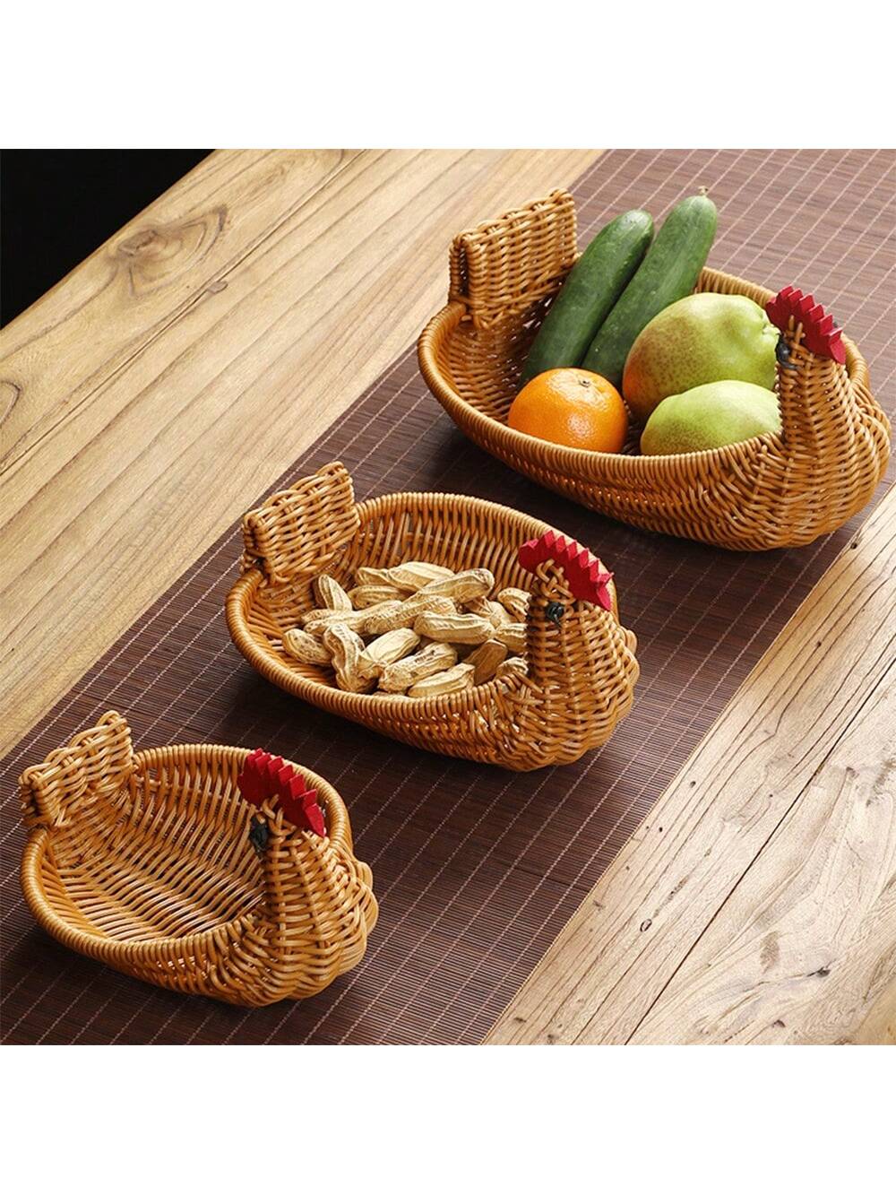 سلة محبوكة يدوياً بتصميم الغزال، سلة تخزين فاكهة وخضروات من الروطان المقلد، سلة خبز لغرفة المعيشة المنزلية، صينية تخزين الوجبات الخفيفة والمكسرات، سلة حماية الطعام، منظم تخزين متعدد الوظائف للمطعم أو المنزل أو الأنشطة الخارجية (3 مقاسات متاحة)