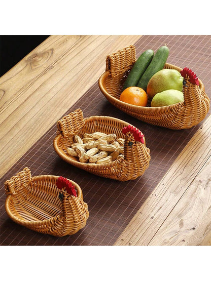 سلة محبوكة يدوياً بتصميم الغزال، سلة تخزين فاكهة وخضروات من الروطان المقلد، سلة خبز لغرفة المعيشة المنزلية، صينية تخزين الوجبات الخفيفة والمكسرات، سلة حماية الطعام، منظم تخزين متعدد الوظائف للمطعم أو المنزل أو الأنشطة الخارجية (3 مقاسات متاحة)
