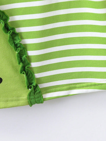 فستان كاجوال لطفلة صغيرة بدون أكمام بياقة دائرية بتفصيلات رفل في الصيف المخطط والمضافة