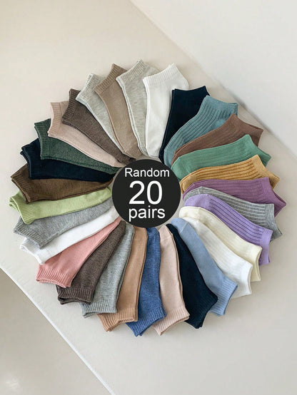 20 زوجًا من الجوارب القصيرة للنساء عشوائية اللون ذات خطوط رأسية متنفسة لامتصاص الرطوبة، جوارب قارب عارضة