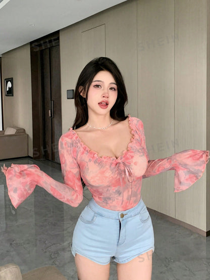 ملابس علوية صيفية للسيدات بأكمام طويلة و نمط زهري بتصميم كامل من الشبكة بالكتف العاري