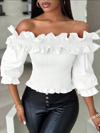 بلوزة نسائية بأكمام طويلة وأكتاف مكشوفة مع حاشية مكشكشة