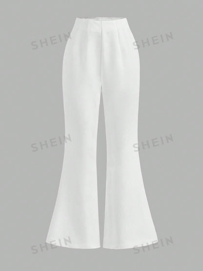 سروال نسائي عالي الخصر عريض مطوي بأسفل بسيط وأنيق بلون صلب