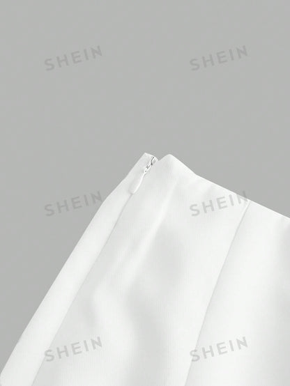 سروال نسائي عالي الخصر عريض مطوي بأسفل بسيط وأنيق بلون صلب