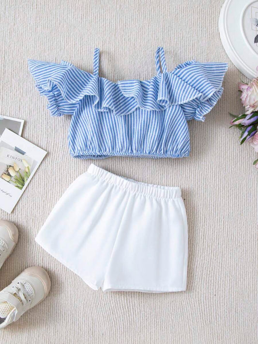 طقم شورت ولباس علوي كاجوال مخطط بدون أكتاف للفتيات الصغيرات