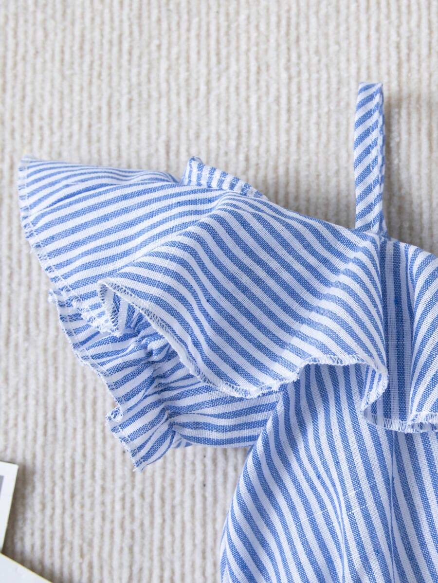 طقم شورت ولباس علوي كاجوال مخطط بدون أكتاف للفتيات الصغيرات