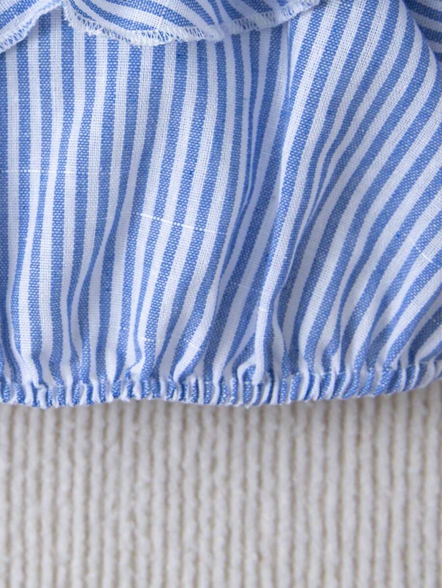 طقم شورت ولباس علوي كاجوال مخطط بدون أكتاف للفتيات الصغيرات