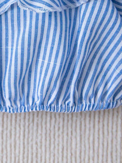 طقم شورت ولباس علوي كاجوال مخطط بدون أكتاف للفتيات الصغيرات