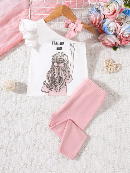 مجموعة بنات رضع للصيف، بلوزة مطبوعة بنمط كرتوني وبنطلون طويل مناسب مع خصر مرن، مناسب للصيف