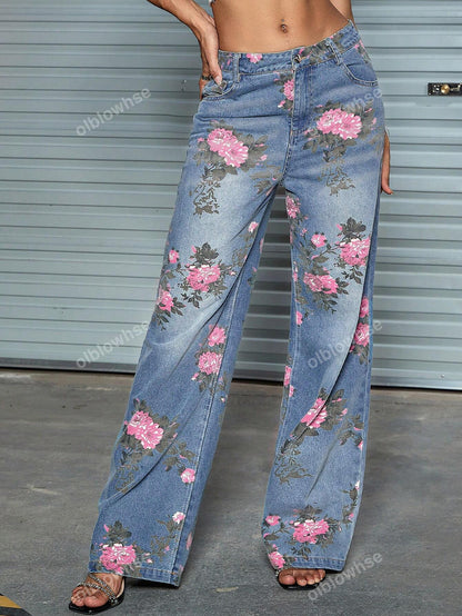 بنطلون نسائي نباتي عصري من الخصر العالي بجيوب مائلة وأرجل مستقيمة