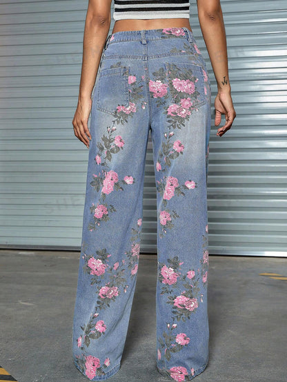 بنطلون نسائي نباتي عصري من الخصر العالي بجيوب مائلة وأرجل مستقيمة