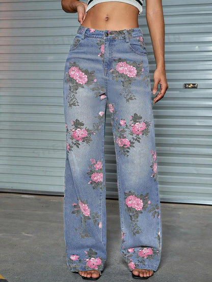 بنطلون نسائي نباتي عصري من الخصر العالي بجيوب مائلة وأرجل مستقيمة