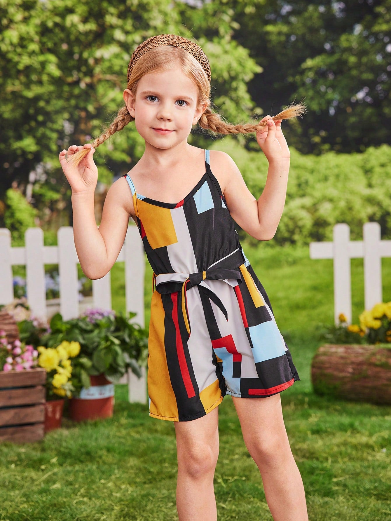 رومبير كامي بحزام وبالوان متجانسة للبنات الصغار