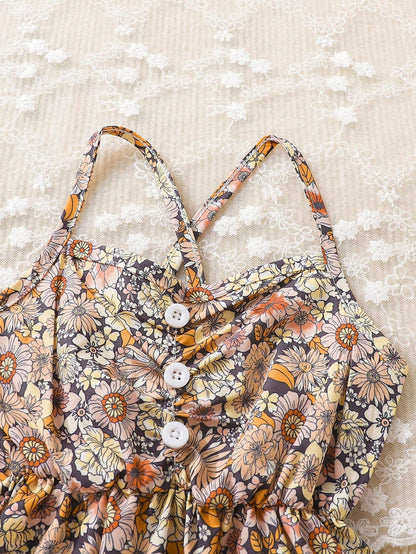 بدلة شورت للرضع بطبعة زهور صغيرة ناعمة متقاطعة وبدون ظهر