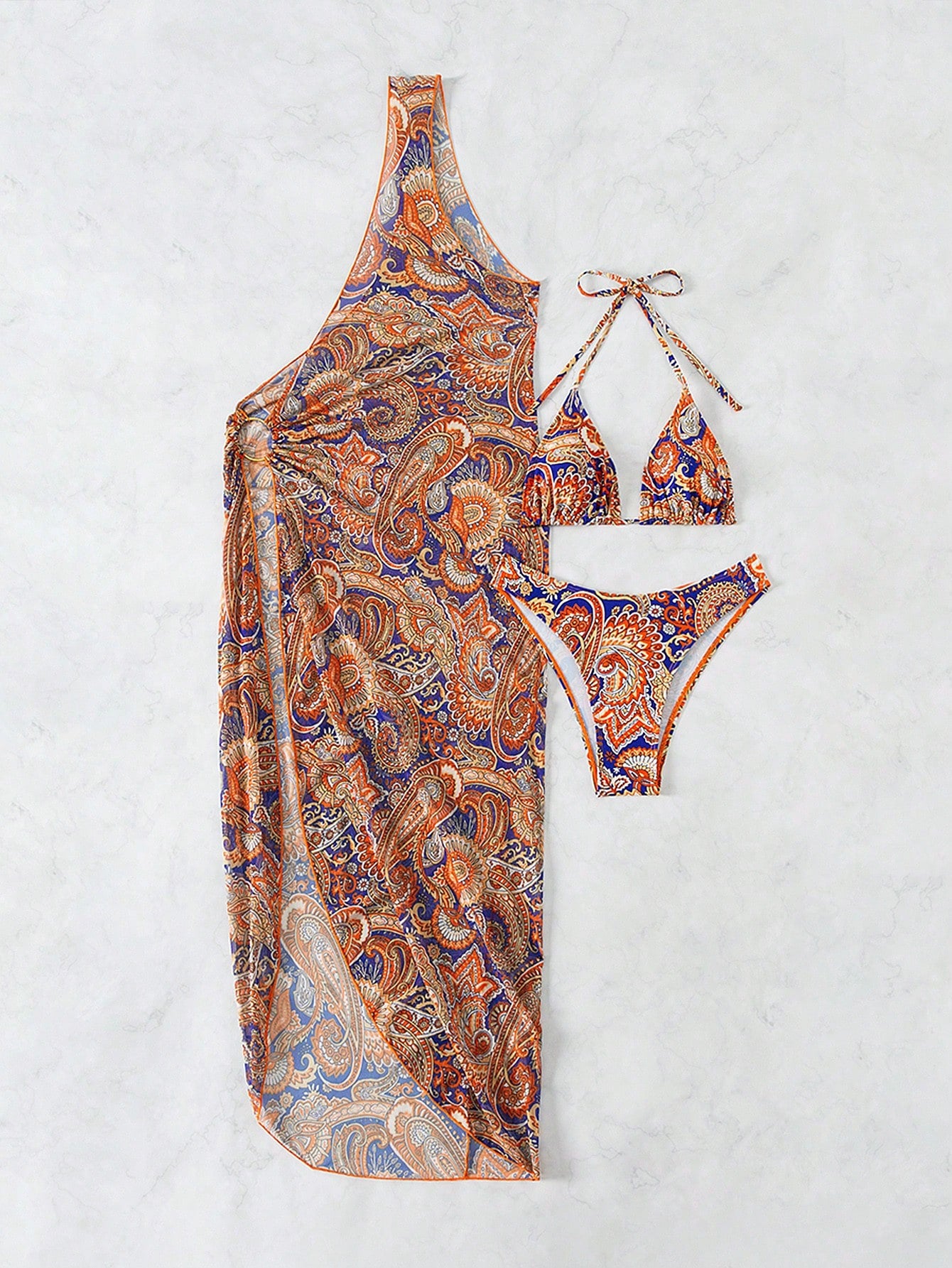 مجموعة من 3 قطع تحتوي على طباعة Paisley، القمة هالتر بيكيني مع قاع البيكيني، وسترة تغطية بحافة غير متناظرة، مناسبة للصيف والشاطئ