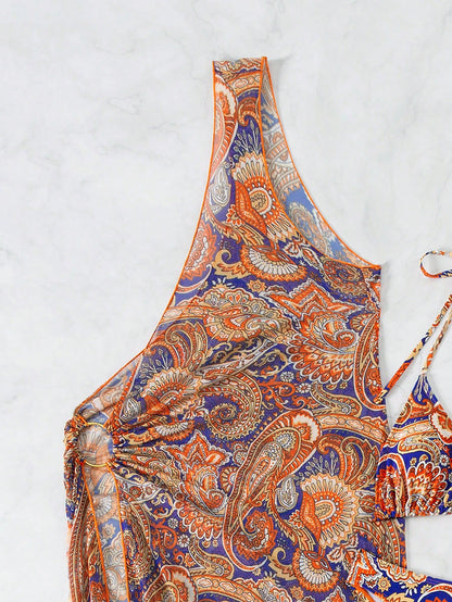 مجموعة من 3 قطع تحتوي على طباعة Paisley، القمة هالتر بيكيني مع قاع البيكيني، وسترة تغطية بحافة غير متناظرة، مناسبة للصيف والشاطئ