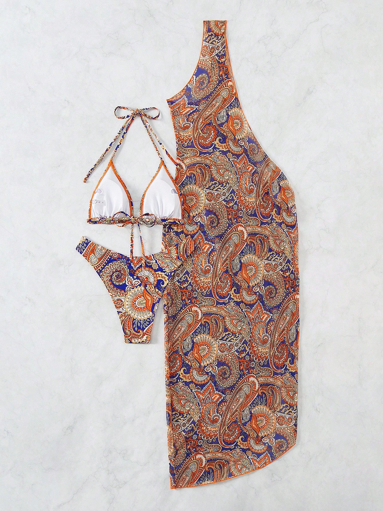 مجموعة من 3 قطع تحتوي على طباعة Paisley، القمة هالتر بيكيني مع قاع البيكيني، وسترة تغطية بحافة غير متناظرة، مناسبة للصيف والشاطئ