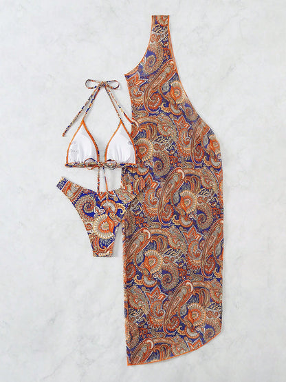 مجموعة من 3 قطع تحتوي على طباعة Paisley، القمة هالتر بيكيني مع قاع البيكيني، وسترة تغطية بحافة غير متناظرة، مناسبة للصيف والشاطئ