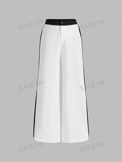 سروال واسع الساقين للنساء بتصميم بسيط وأنيق على شكل كتل الألوان مع شق جانبي