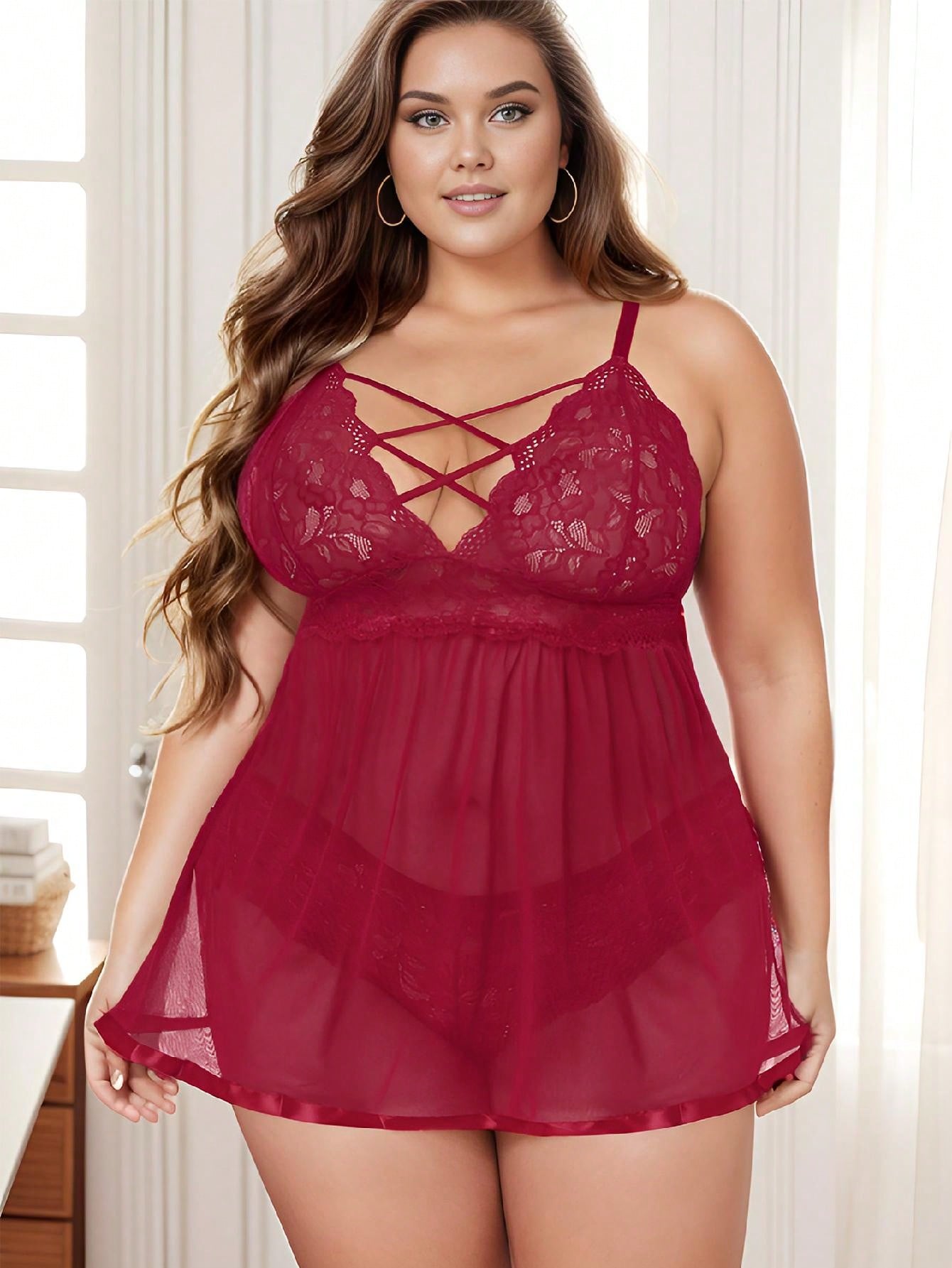 أطقم ملابس داخلية نسائية بمقاسات كبيرة، قميص بيبي دول مثير مفتوح الظهر من الدانتيل