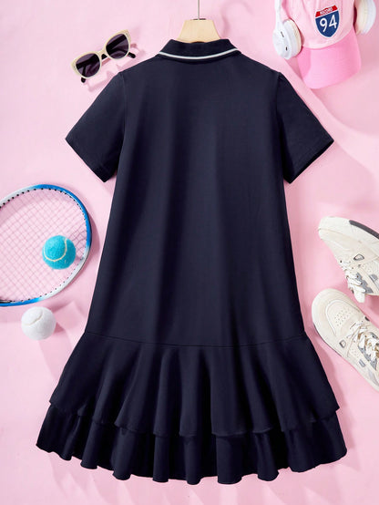 فتاة مراهقة كلية نمط البولو الرقبة فستان صيفي عارض مريح بأكمام قصيرة للسفر