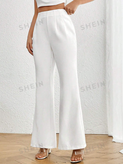 سروال نسائي عالي الخصر عريض مطوي بأسفل بسيط وأنيق بلون صلب