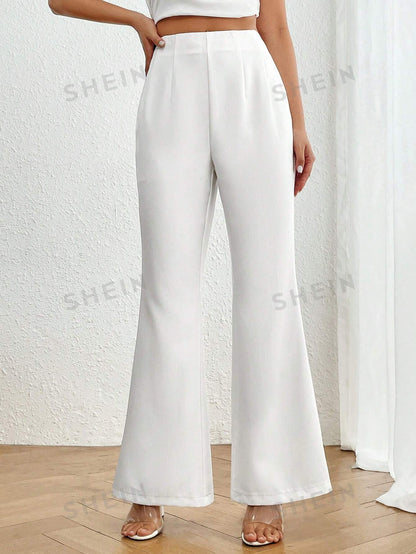 سروال نسائي عالي الخصر عريض مطوي بأسفل بسيط وأنيق بلون صلب