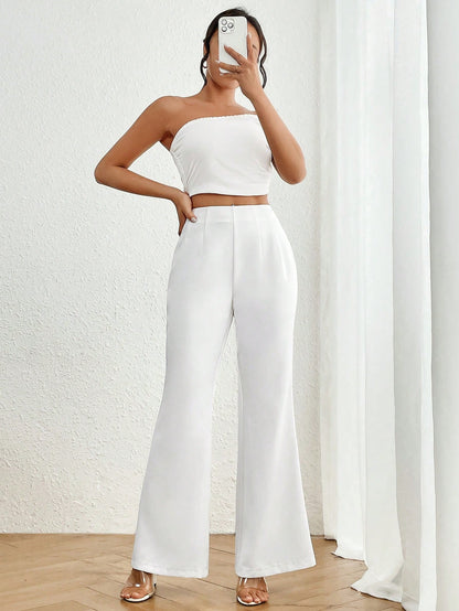 سروال نسائي عالي الخصر عريض مطوي بأسفل بسيط وأنيق بلون صلب