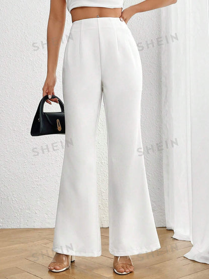 سروال نسائي عالي الخصر عريض مطوي بأسفل بسيط وأنيق بلون صلب