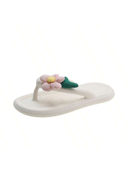 صنادل نسائية بيضاء عصرية جديدة للصيف مزينة بتصميم زهرة جذابة تناسب الارتداء السريع، نعل سميك من EVA مبطن لتوفير الراحة