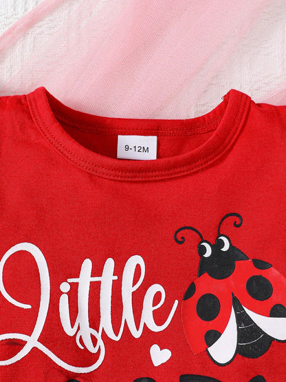 زي طفلة قصير الأكمام المتراقصة ، طباعة حرف الدعسوقة ، بنطلون قصير وحاشية رأس ، ملابس جميلة ولطيفة مكونة من 3 قطع للاستخدام اليومي والاسترخاء