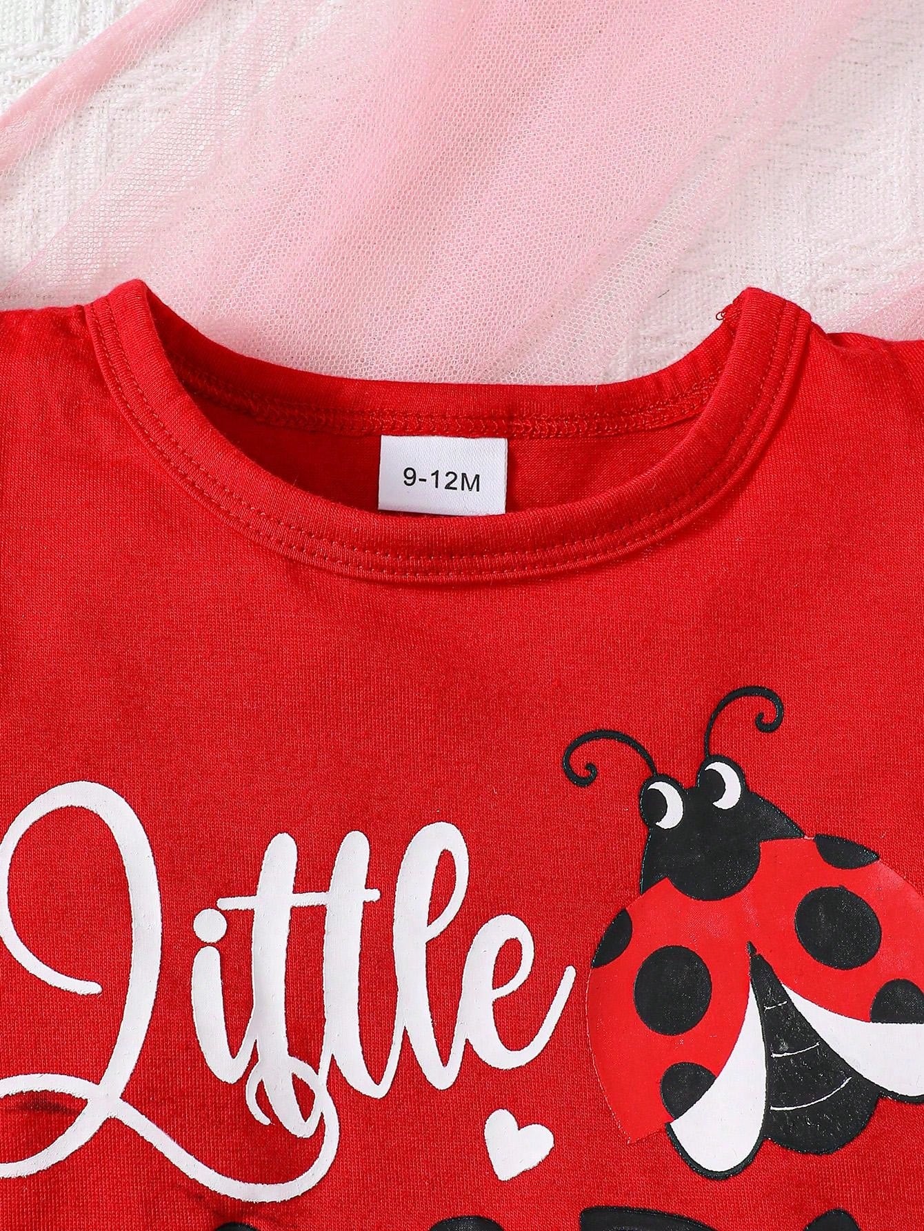 زي طفلة قصير الأكمام المتراقصة ، طباعة حرف الدعسوقة ، بنطلون قصير وحاشية رأس ، ملابس جميلة ولطيفة مكونة من 3 قطع للاستخدام اليومي والاسترخاء