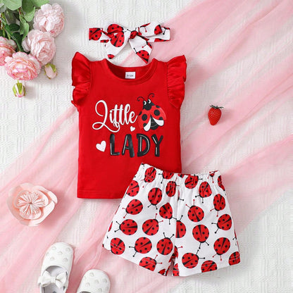 زي طفلة قصير الأكمام المتراقصة ، طباعة حرف الدعسوقة ، بنطلون قصير وحاشية رأس ، ملابس جميلة ولطيفة مكونة من 3 قطع للاستخدام اليومي والاسترخاء