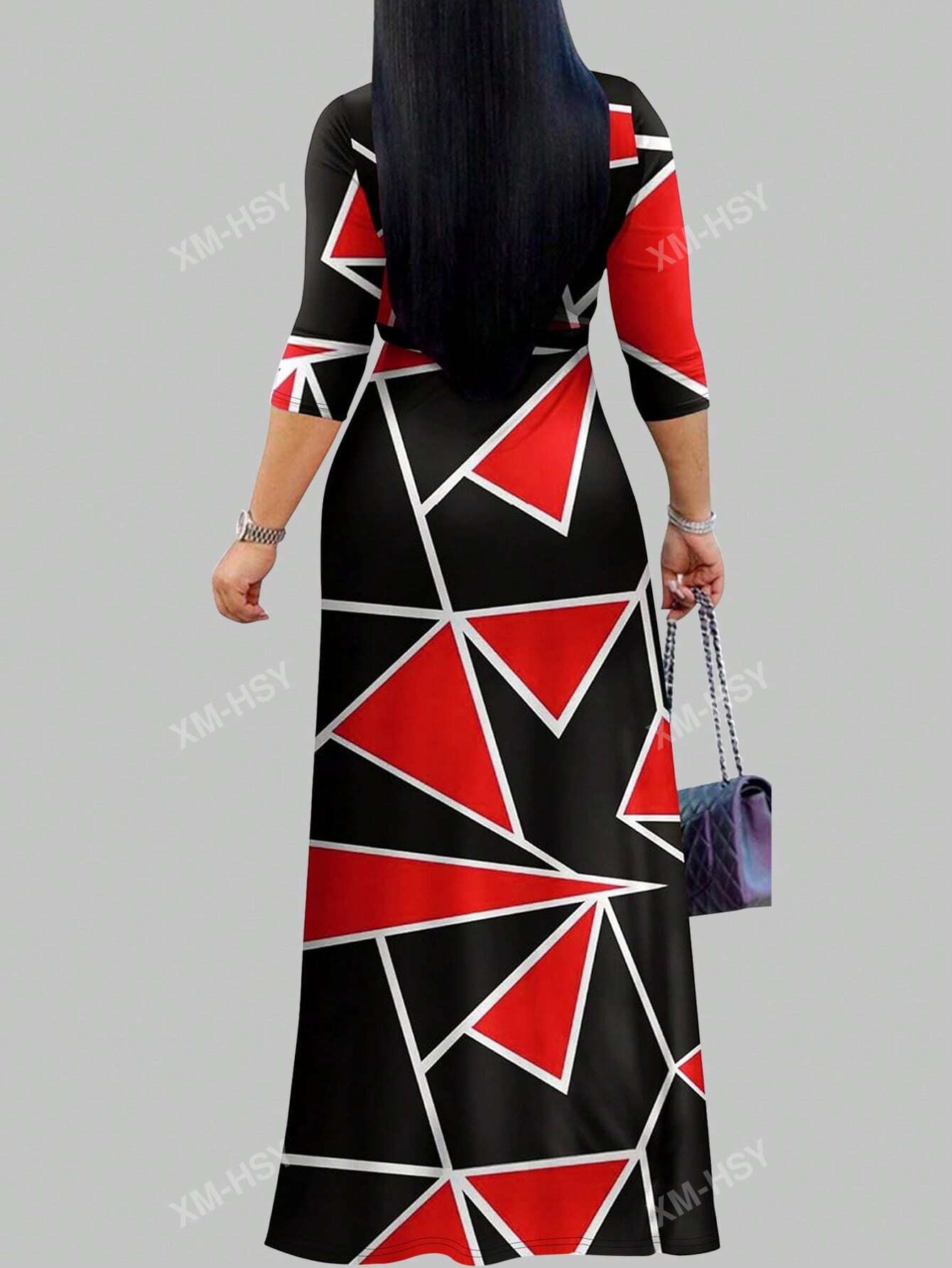 فستان كاجوال مطبوع بياقة على شكل حرف V وأكمام طويلة وخصر مربوط