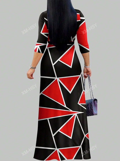 فستان كاجوال مطبوع بياقة على شكل حرف V وأكمام طويلة وخصر مربوط