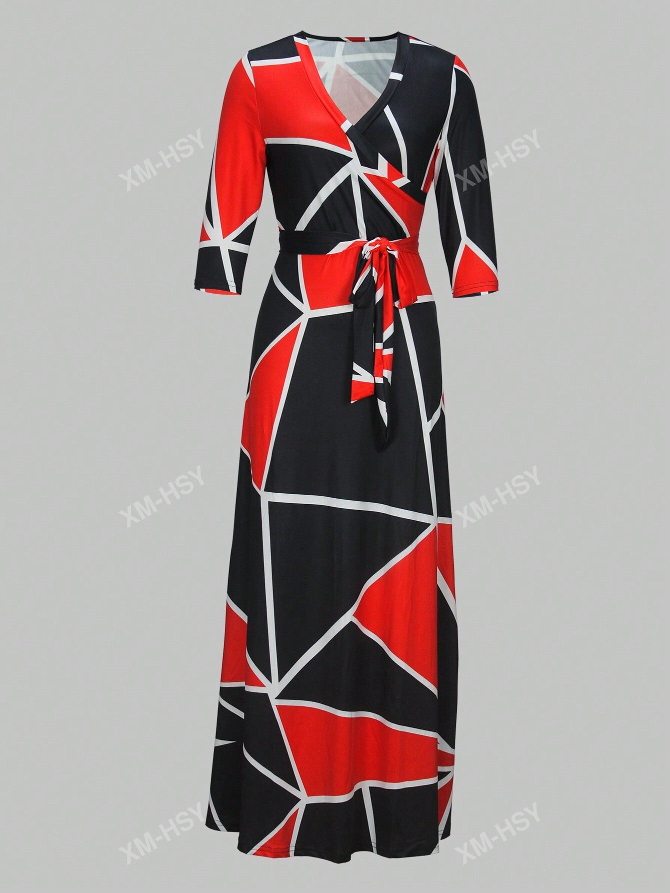 فستان كاجوال مطبوع بياقة على شكل حرف V وأكمام طويلة وخصر مربوط