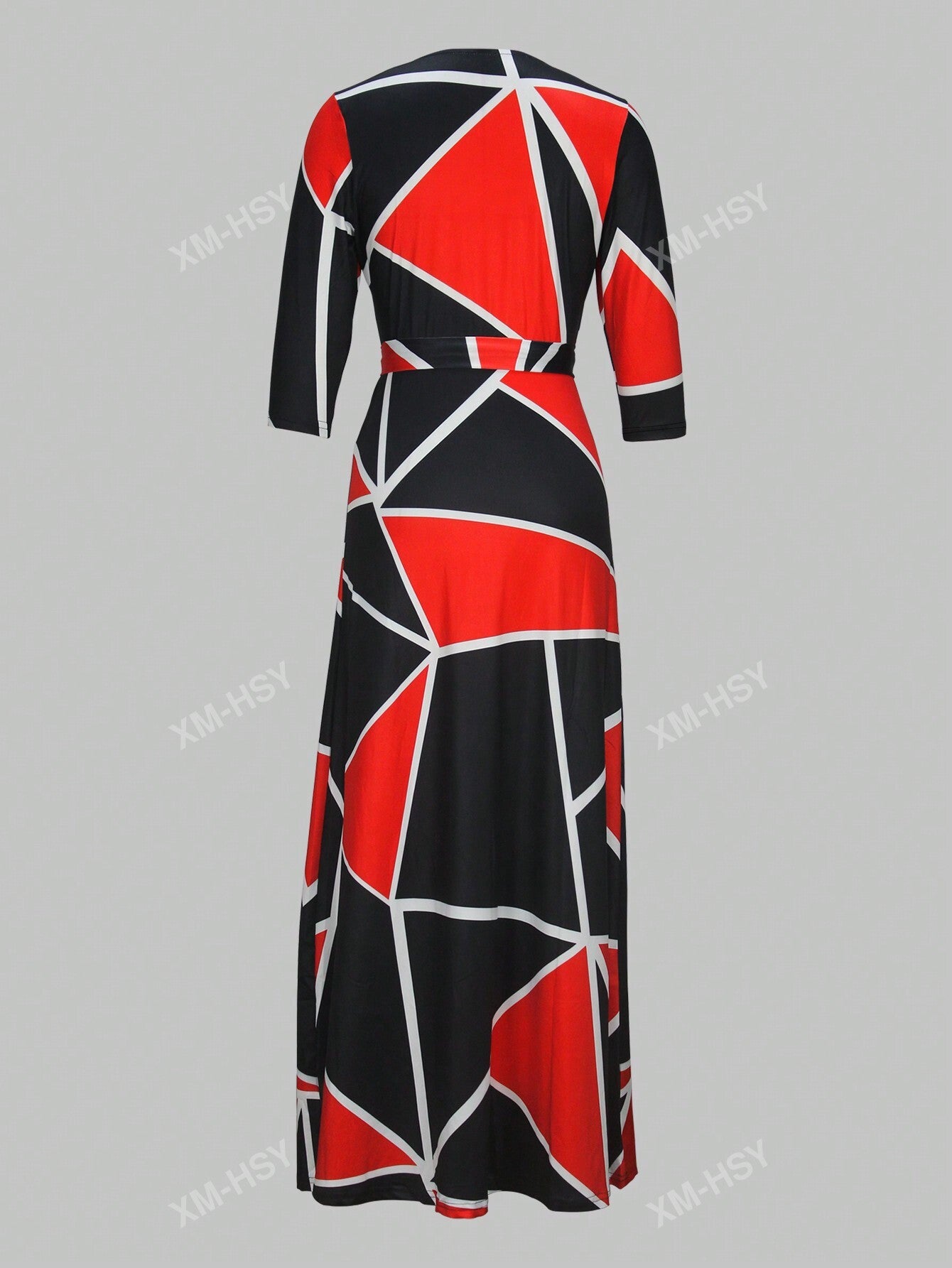 فستان كاجوال مطبوع بياقة على شكل حرف V وأكمام طويلة وخصر مربوط