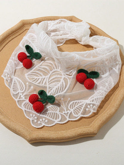 حلقة رأس شال ثلاثي الأطراف مطبوع عليها تفاح الكرز الحلو والجميل مع نسيج شبكي، نمط الريف البوهيمي 1 قطعة