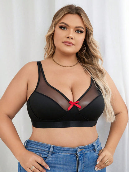 حمالة صدر من الحرير اللبني ذات مقاس زائد مع شبكة شفافة (قطعة واحدة)