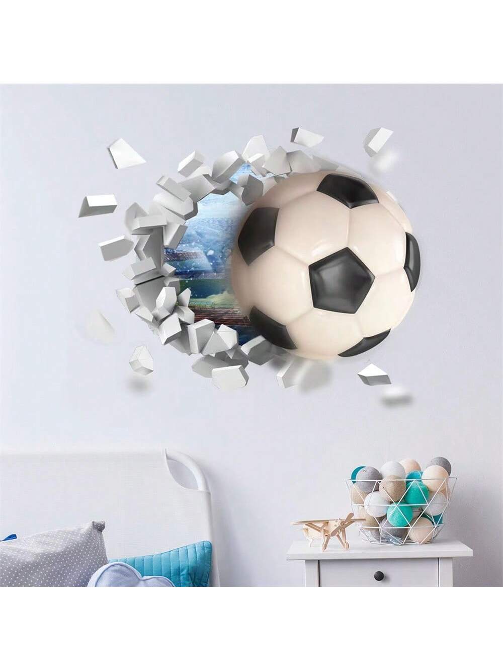 ملصق حائط ثلاثي الأبعاد ستيريوسكوبي كرة قدم، راجبي، ملصقات ديكور الحائط للأطفال غرفة، حضانة، ديكور غرفة النوم، لاصق ذاتي