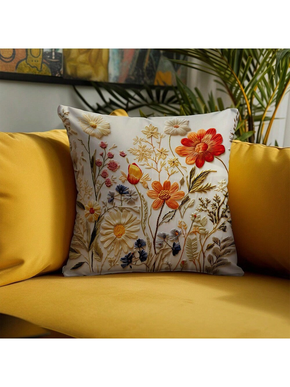 وسادة مخملية بطبعة الأزهار الصغيرة، غرفة أنيقة بأسلوب عصري وزخارف الأريكة