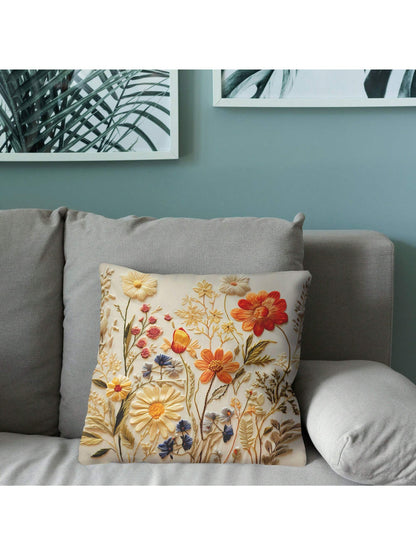 وسادة مخملية بطبعة الأزهار الصغيرة، غرفة أنيقة بأسلوب عصري وزخارف الأريكة