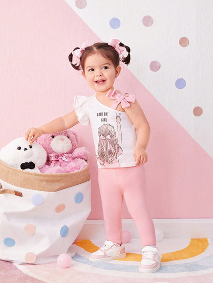 مجموعة بنات رضع للصيف، بلوزة مطبوعة بنمط كرتوني وبنطلون طويل مناسب مع خصر مرن، مناسب للصيف