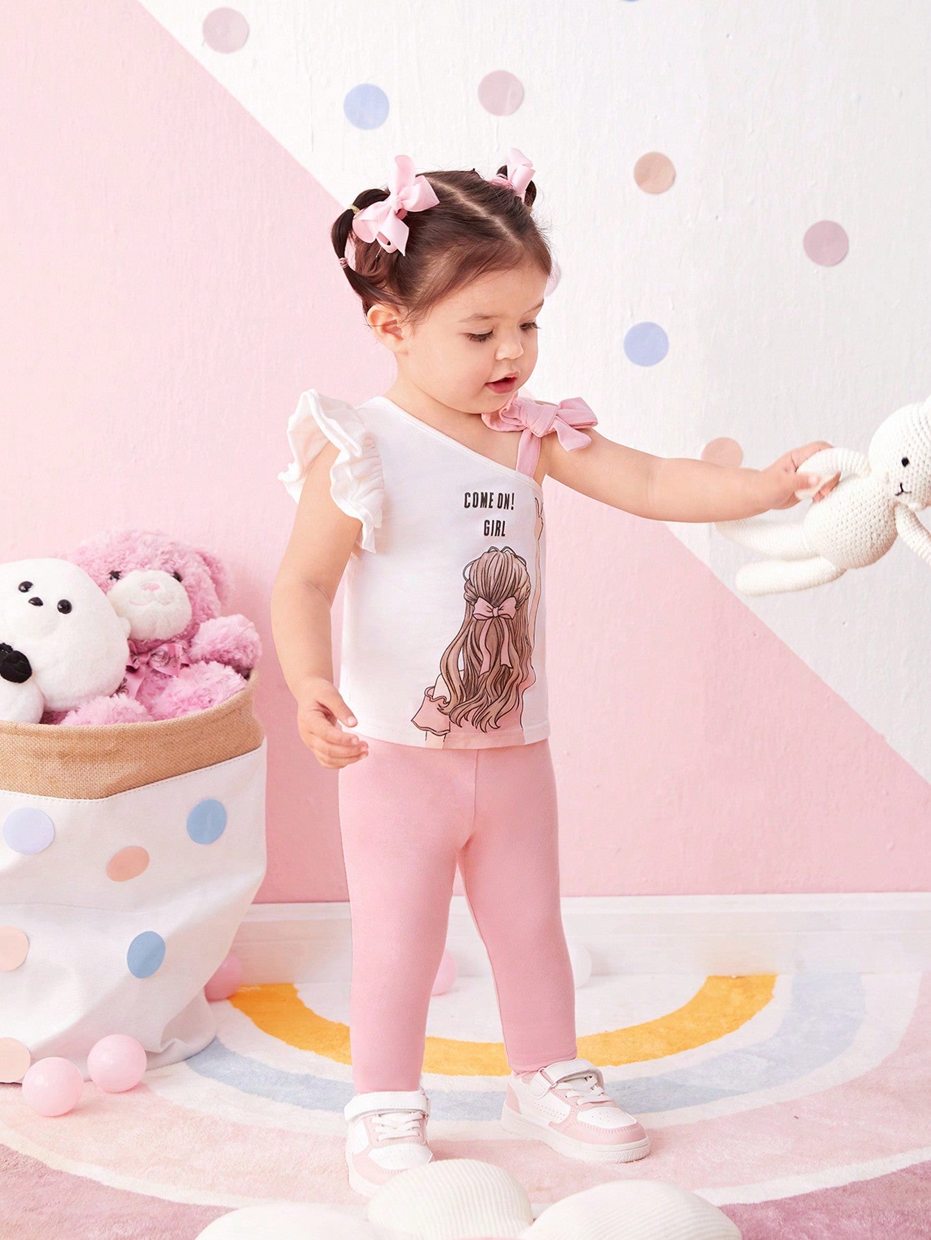 مجموعة بنات رضع للصيف، بلوزة مطبوعة بنمط كرتوني وبنطلون طويل مناسب مع خصر مرن، مناسب للصيف