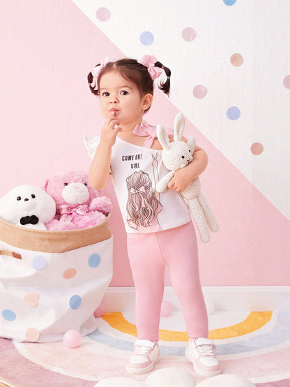 مجموعة بنات رضع للصيف، بلوزة مطبوعة بنمط كرتوني وبنطلون طويل مناسب مع خصر مرن، مناسب للصيف