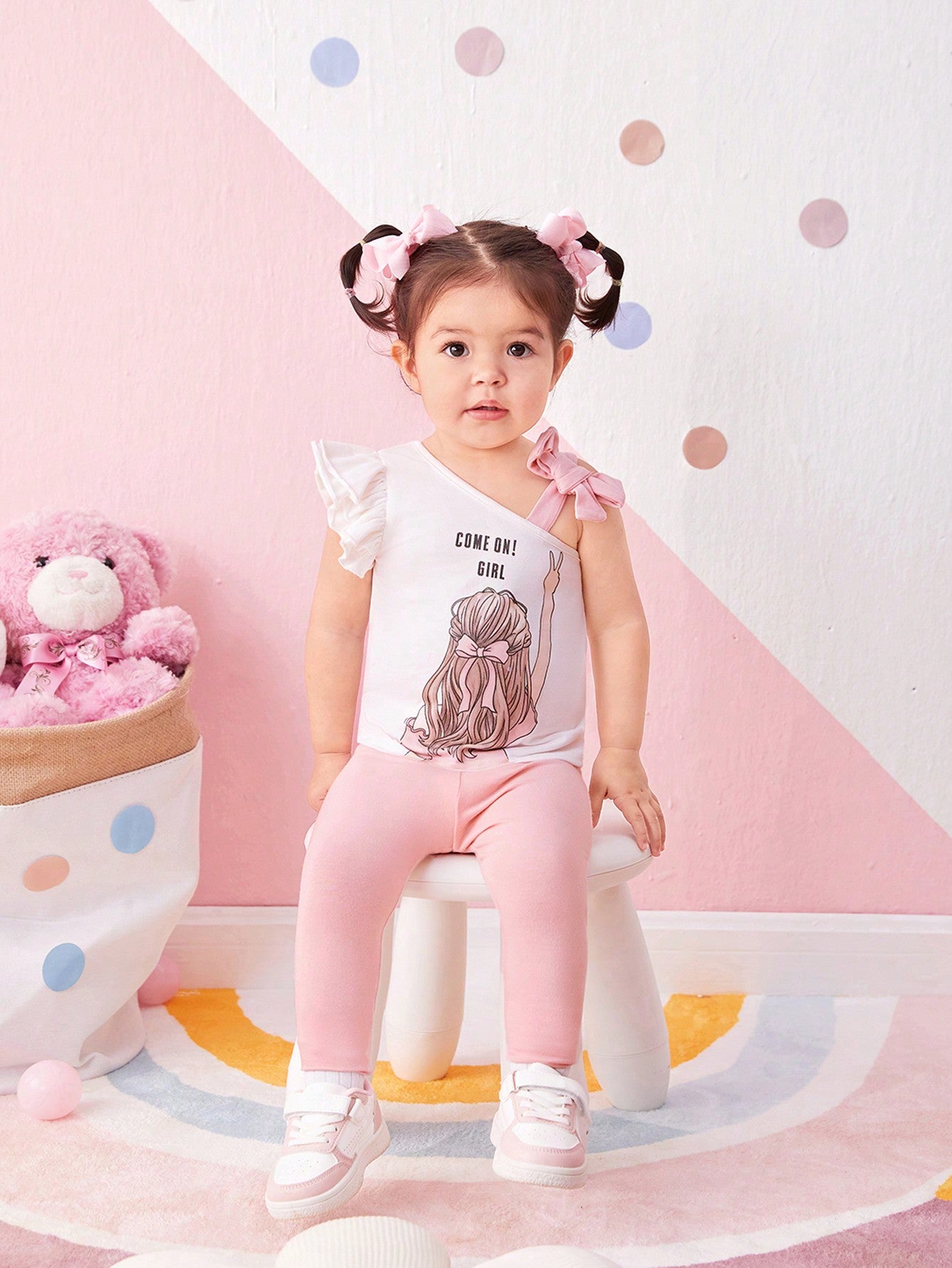 مجموعة بنات رضع للصيف، بلوزة مطبوعة بنمط كرتوني وبنطلون طويل مناسب مع خصر مرن، مناسب للصيف