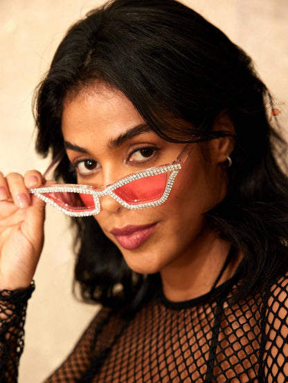 نظارات حفلات موضة فاخرة للنساء مُزينة بالراين واكريستال بإطار وردي بلاستيكي زوج واحد