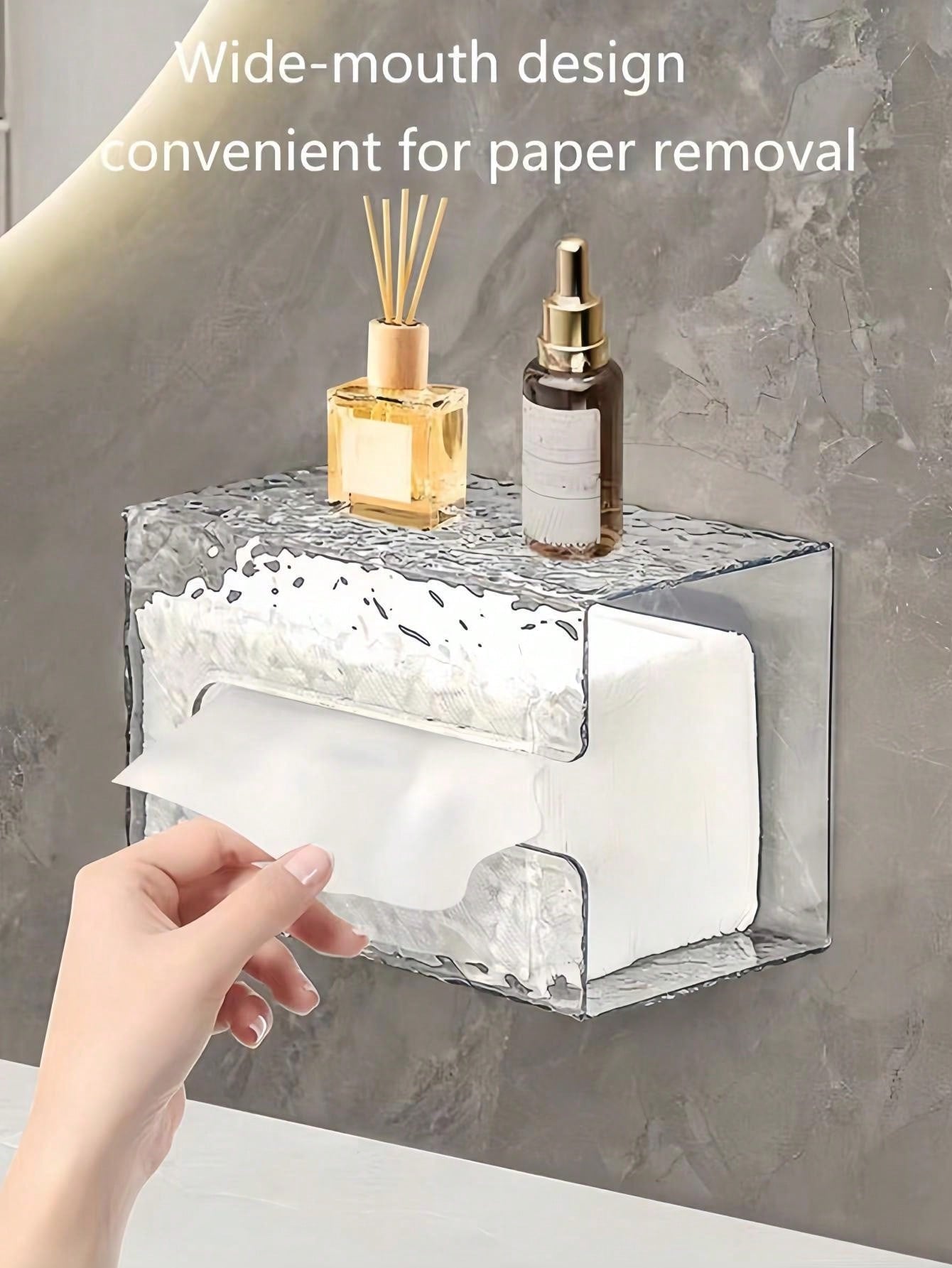 دلو تخزين ورق التواليت المعلق على الحائط للمناديل الورقية الوجه، صندوق تخزين مناديل الحمام والمطبخ واضح ذو فتحة كبيرة